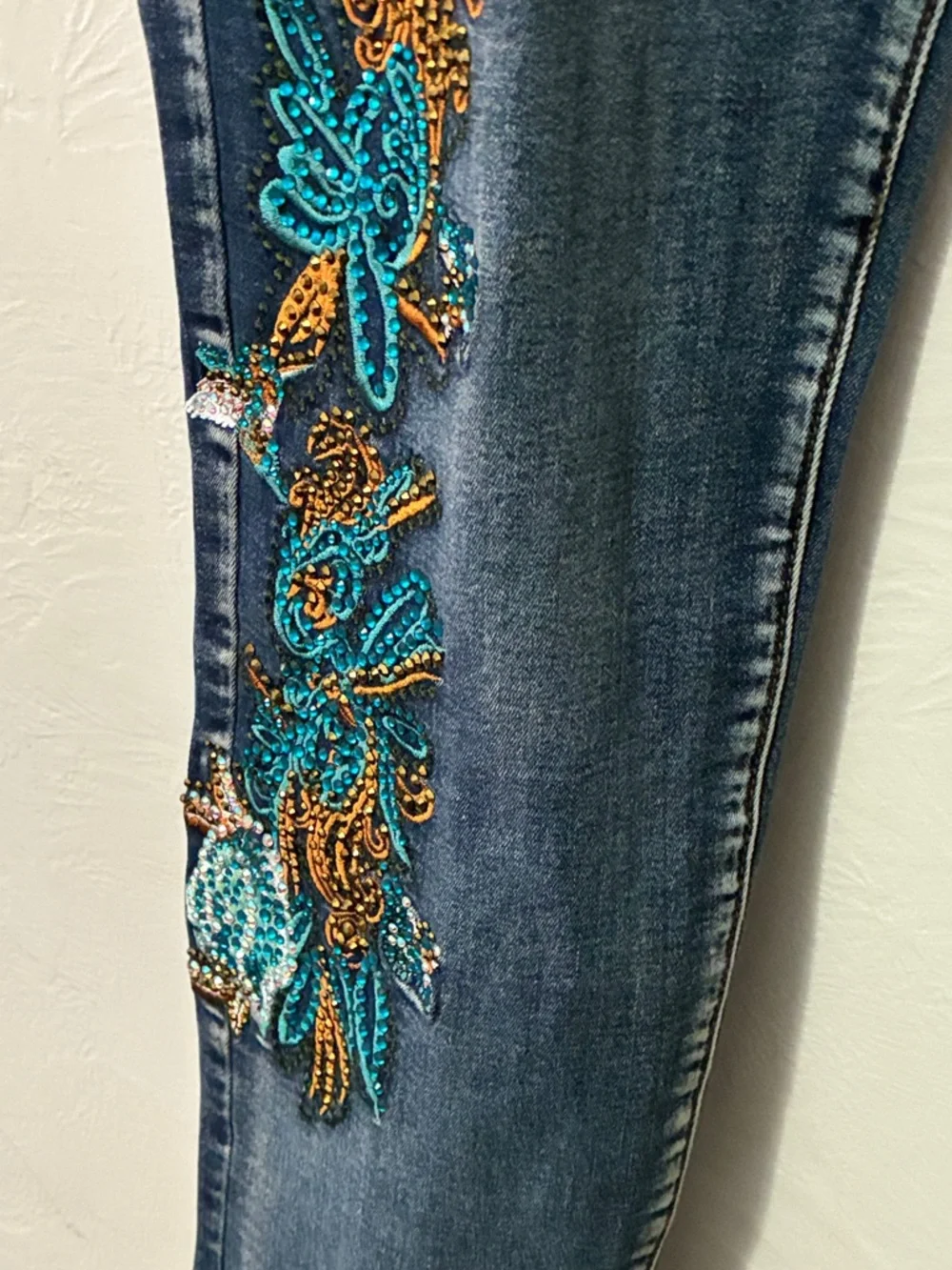 Juliette Embellished Dark Blue Jeans with Teal & Bronze Floral Detail - Picture 7 of 11